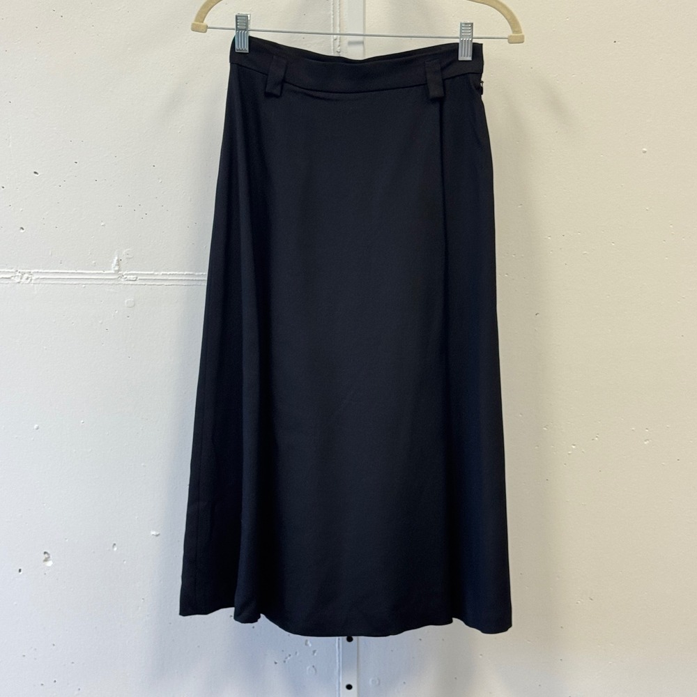 Linda Allard Ellen Tracy 100% Silk Midi Skirt Petite 8 A-Line Wrap Front Black